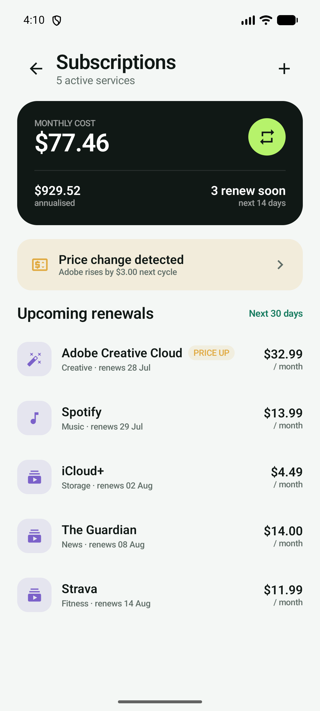 ClearSpend subscriptions and renewal alerts