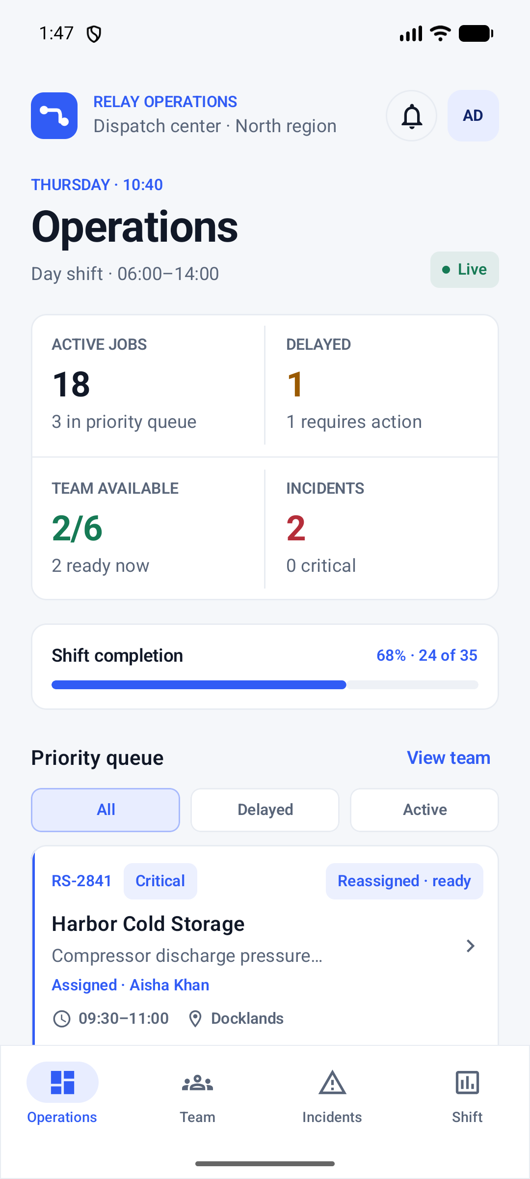 Relay Dispatch operations dashboard showing live jobs and team availability