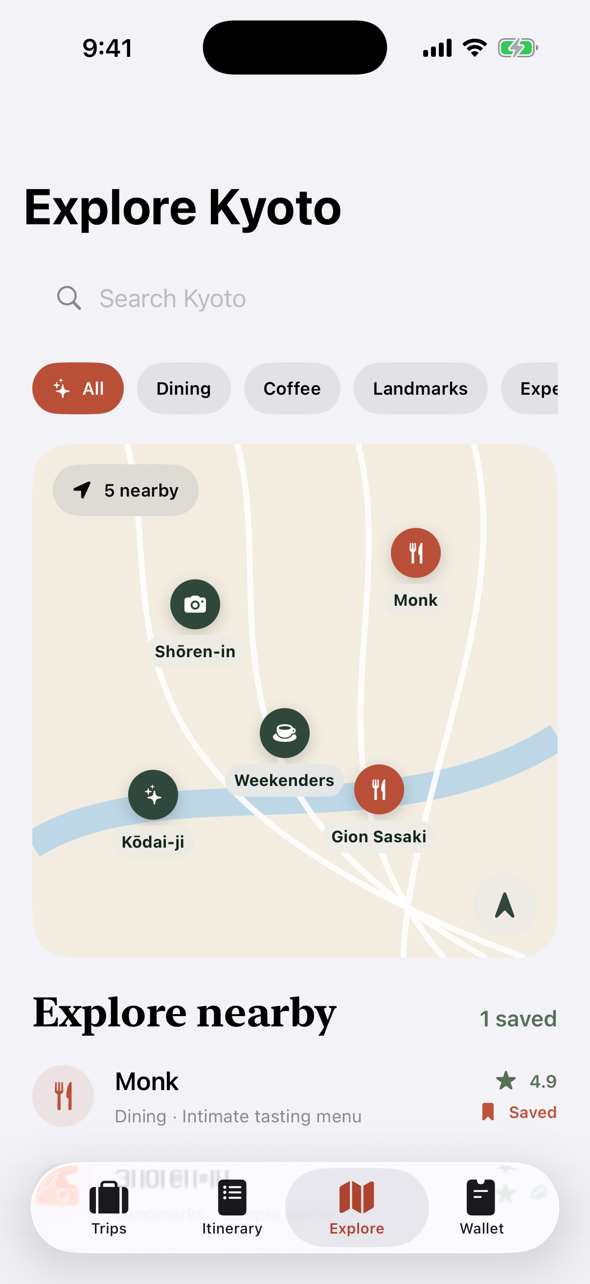 Wayfarer Explore map and saved places